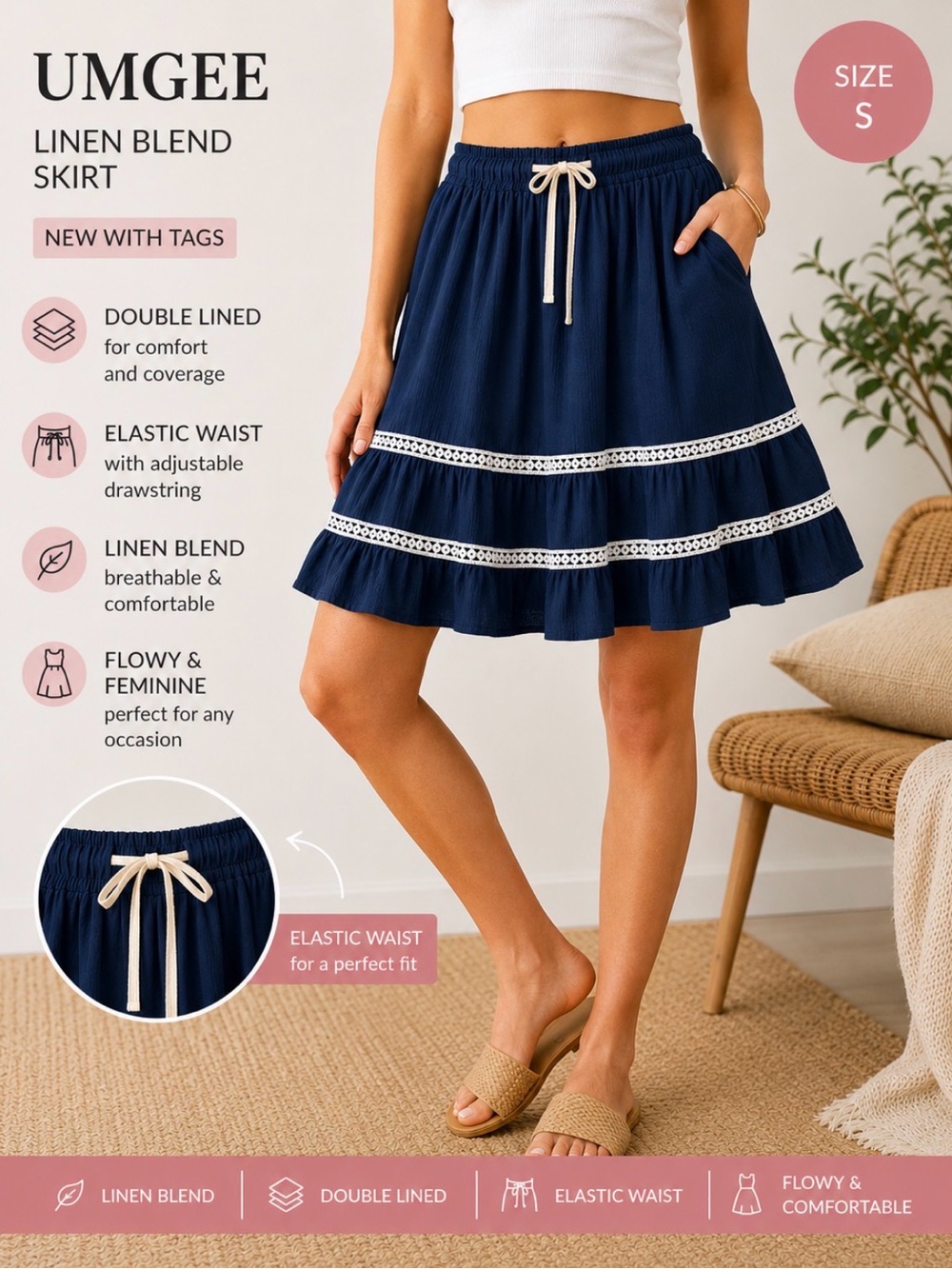 Umgee Navy Linen Blend Ruffled S Skirt with Drawstring S NWT